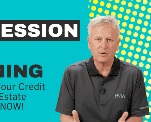 Text: "Recession is coming. Prepare your credit score and real estate business NOW!" Blue background.